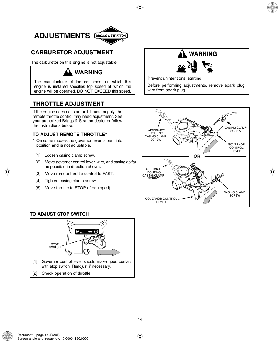 Adjustments, Warning, Carburetor adjustment | Throttle adjustment | Briggs & Stratton 90000/10000 User Manual | Page 14 / 20