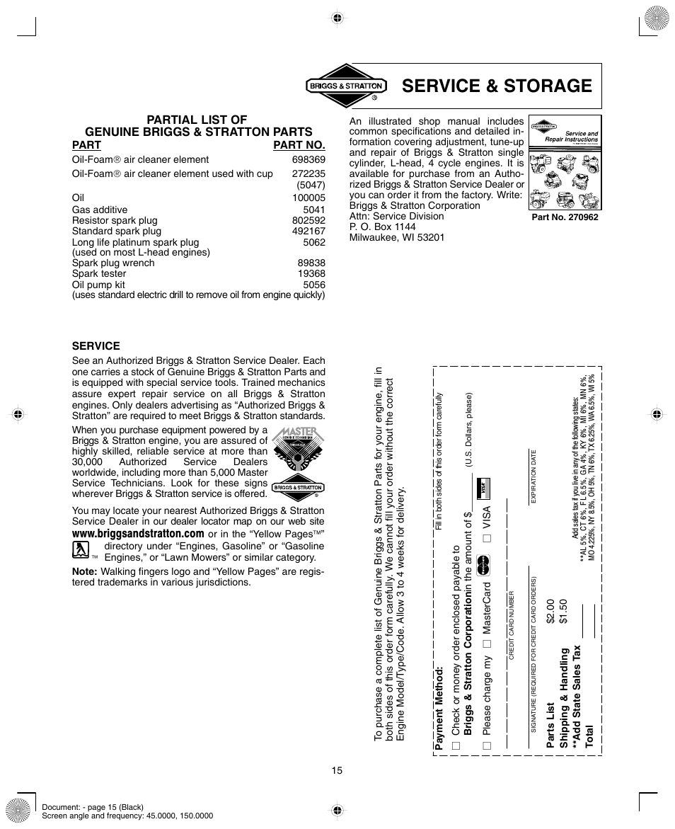 Service & storage | Briggs & Stratton 90000/10000 User Manual | Page 15 / 20