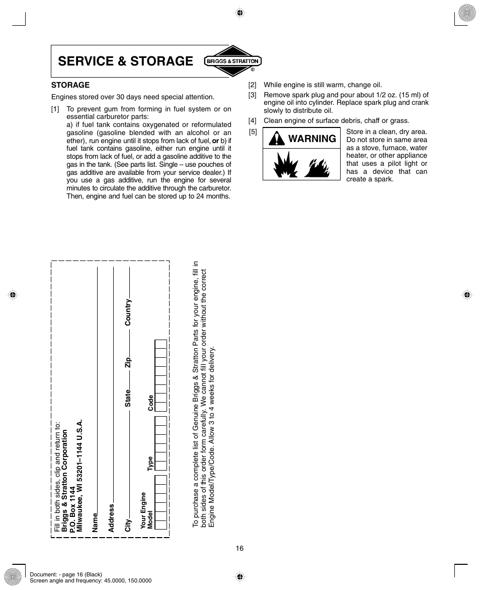 Service & storage, Warning | Briggs & Stratton 90000/10000 User Manual | Page 16 / 20