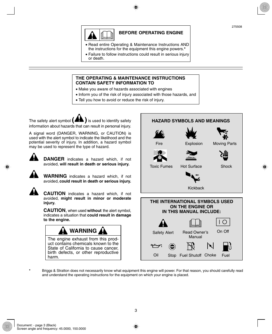 Warning | Briggs & Stratton 90000/10000 User Manual | Page 3 / 20