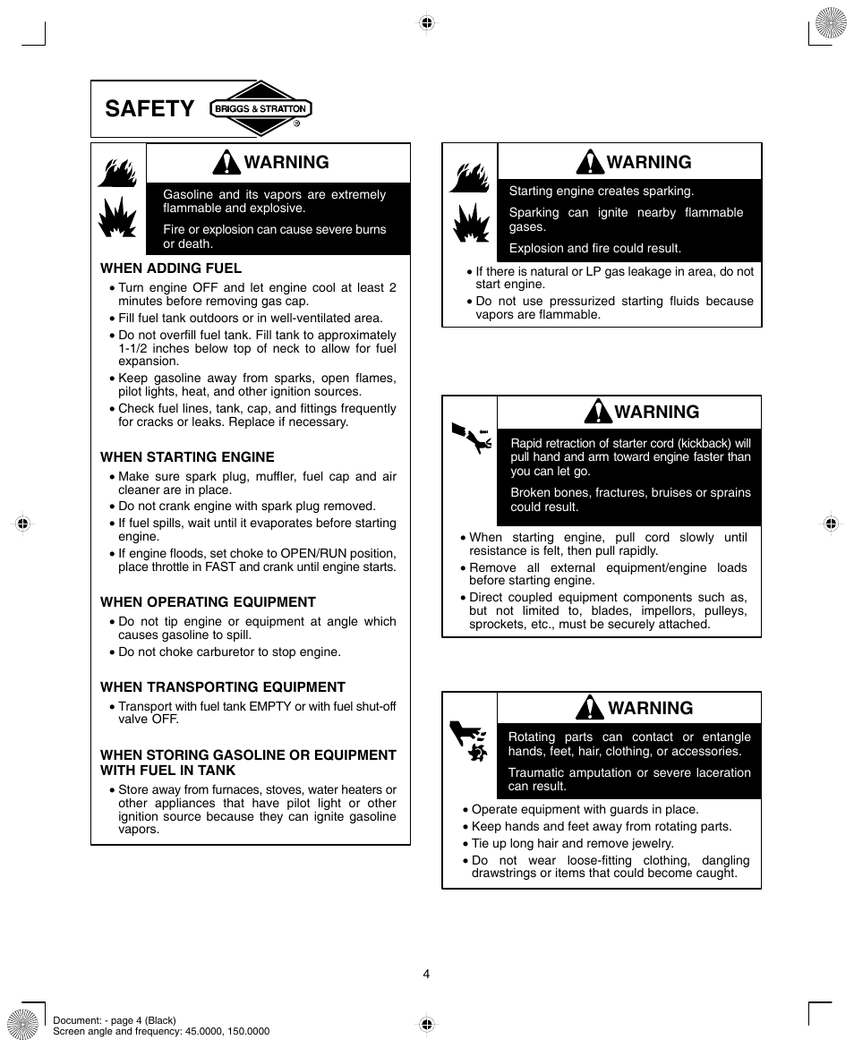 Safety, Warning | Briggs & Stratton 90000/10000 User Manual | Page 4 / 20