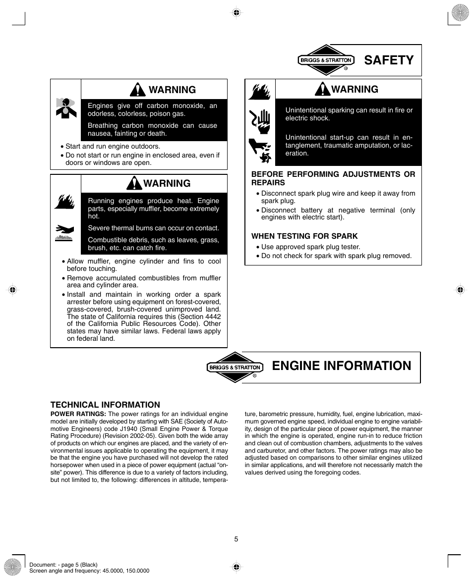 Safety, Engine information, Warning | Briggs & Stratton 90000/10000 User Manual | Page 5 / 20