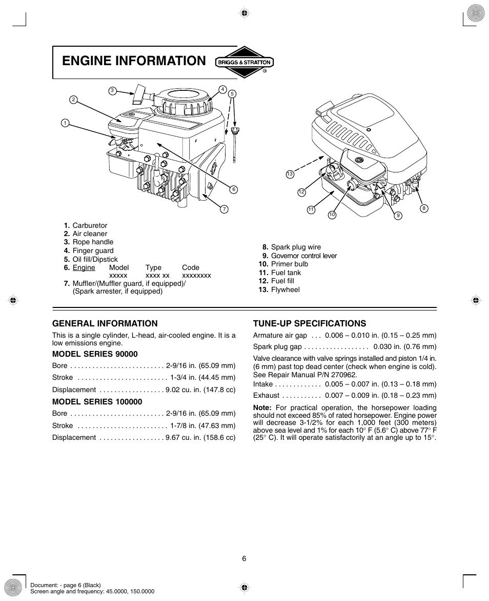 Engine information | Briggs & Stratton 90000/10000 User Manual | Page 6 / 20