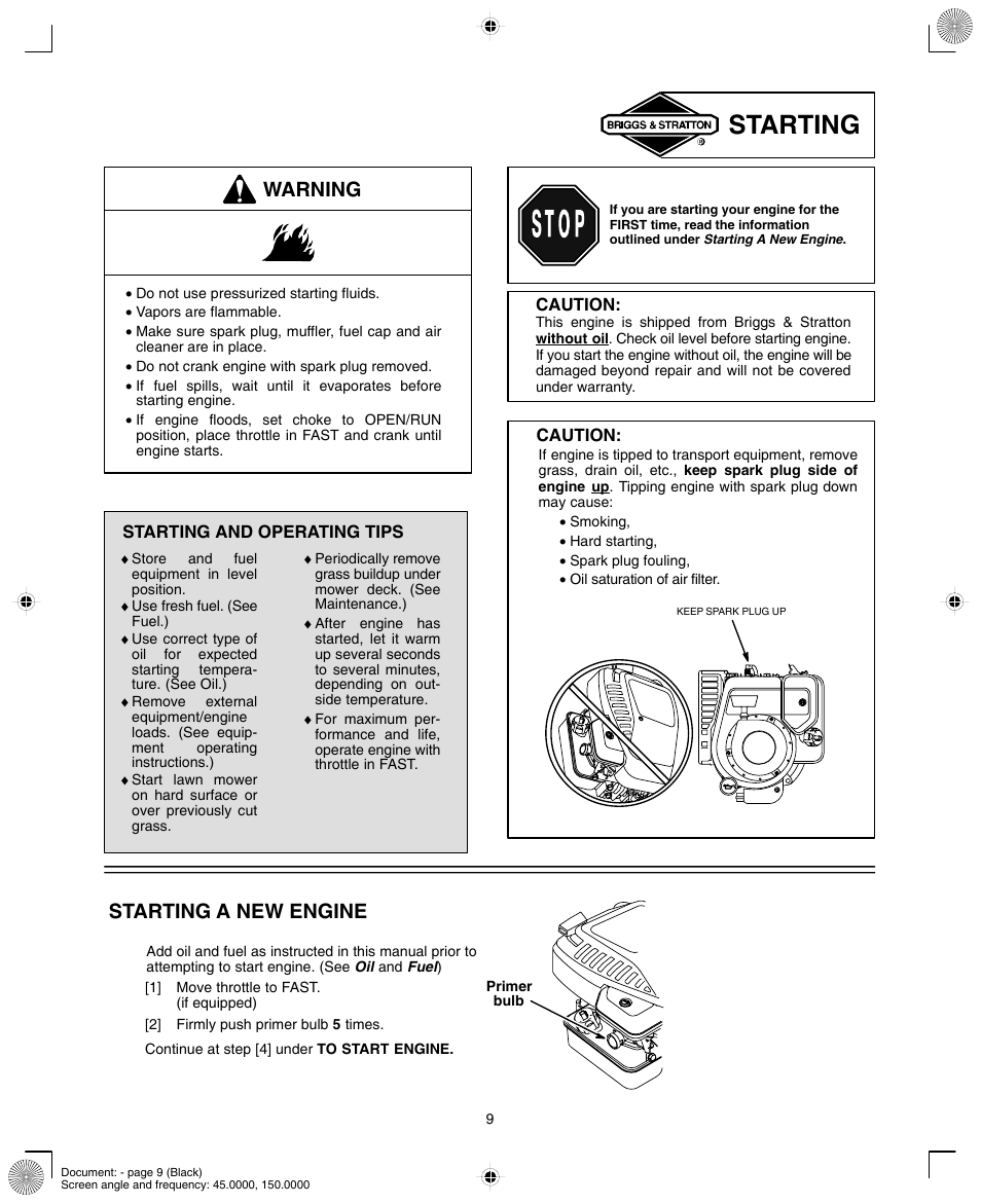 Starting, Warning, Starting a new engine | Briggs & Stratton 90000/10000 User Manual | Page 9 / 20