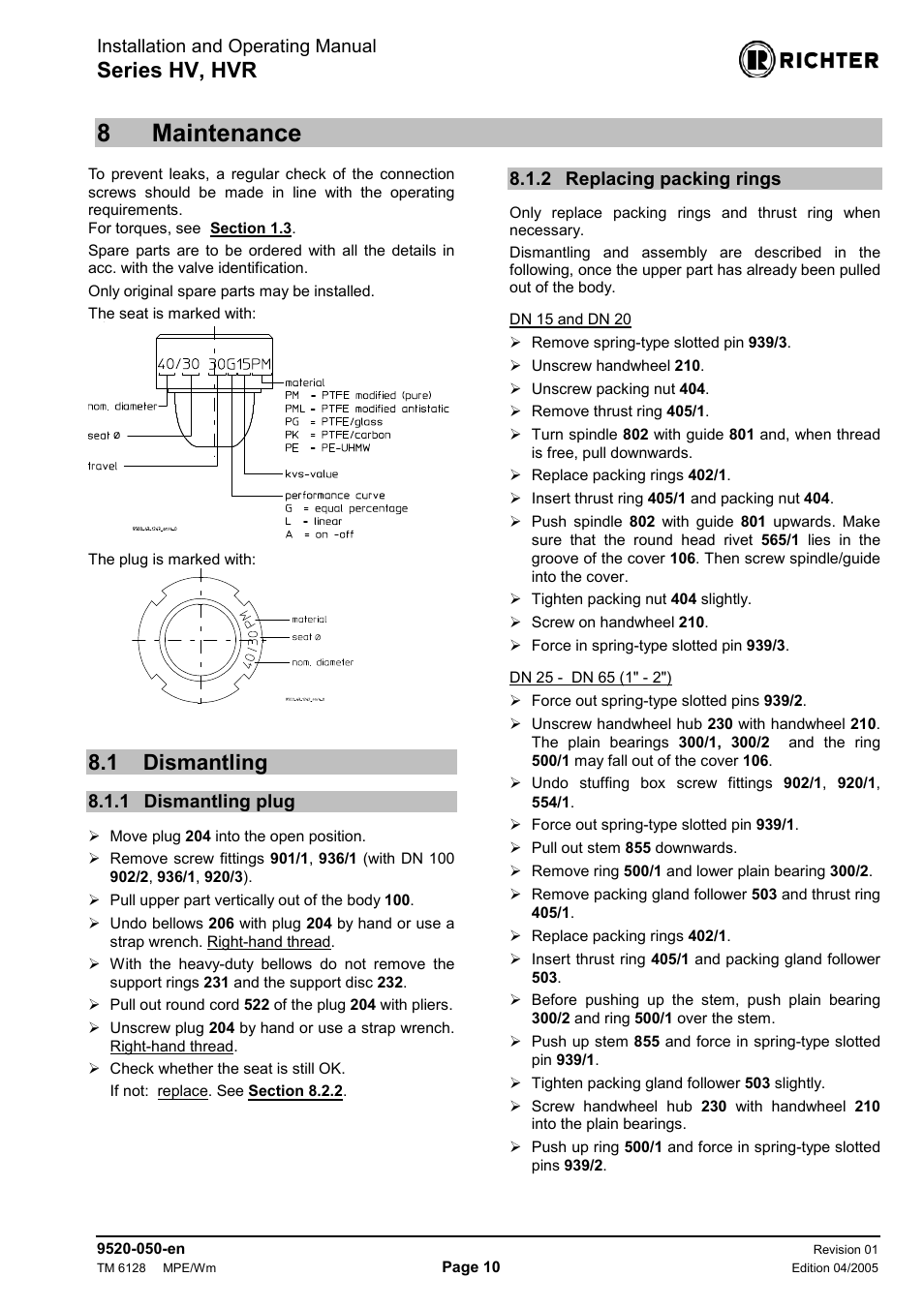 8 maintenance, 1 dismantling, 1 dismantling plug | 2 replacing packing rings, Maintenance, Dismantling, Dismantling plug, Replacing packing rings, 8maintenance, Series hv, hvr | Richter HVR Series Bellows-Sealed Valves User Manual | Page 10 / 16