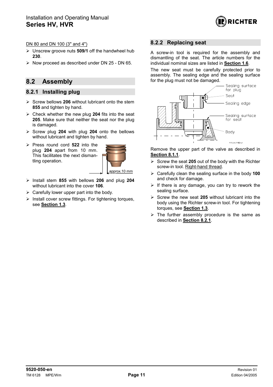 2 assembly, 1 installing plug, 2 replacing seat | Assembly, Installing plug, Replacing seat, Series hv, hvr, Installation and operating manual | Richter HVR Series Bellows-Sealed Valves User Manual | Page 11 / 16