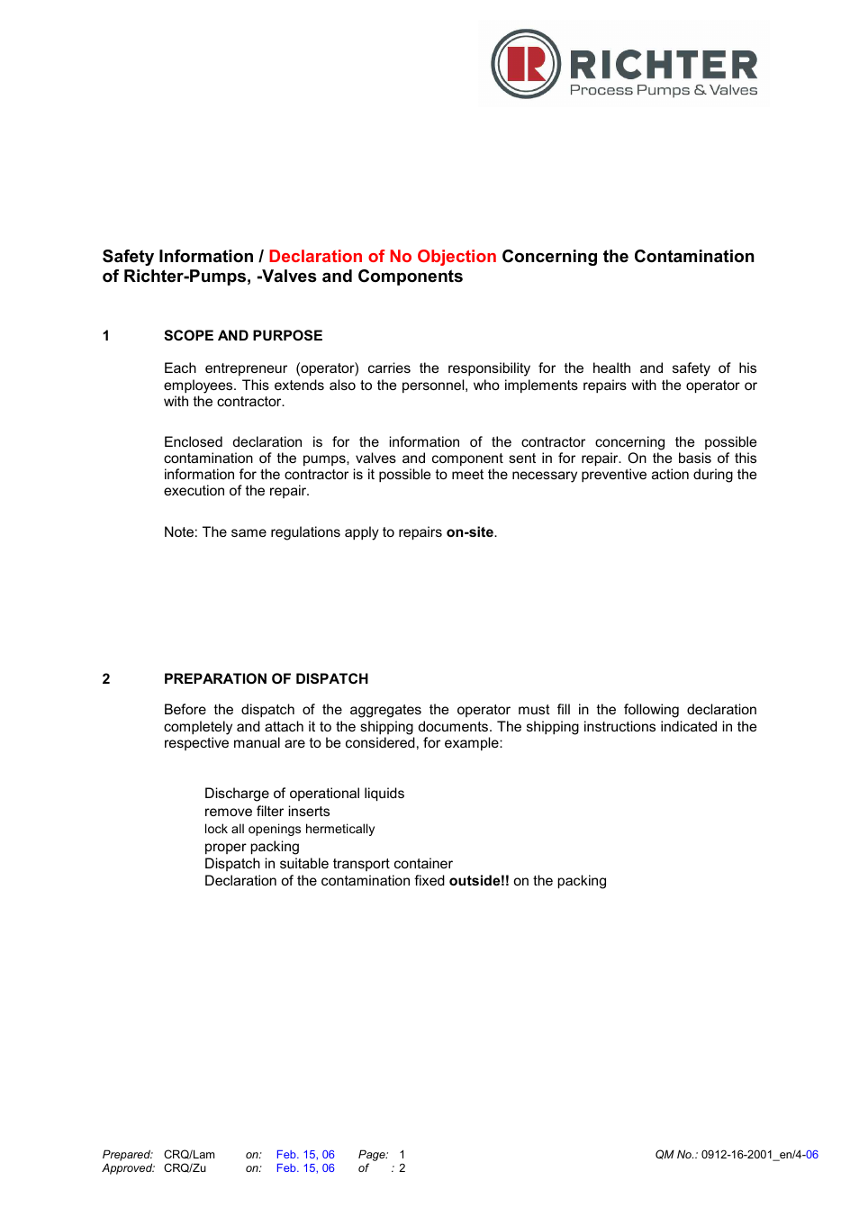 Safety information / declaration of no objection | Richter HVR Series Bellows-Sealed Valves User Manual | Page 14 / 16