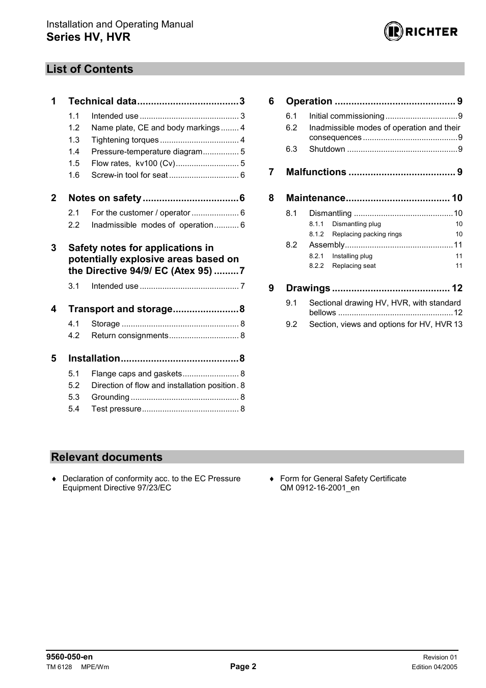 Relevant documents, Series hv, hvr, List of contents | Richter HVR Series Bellows-Sealed Valves User Manual | Page 2 / 16