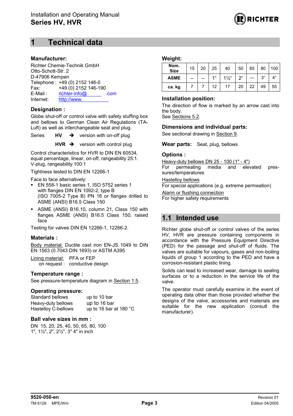 1 technical data, 1 intended use, Technical data | Intended use, 1technical data, Series hv, hvr, Installation and operating manual | Richter HVR Series Bellows-Sealed Valves User Manual | Page 3 / 16