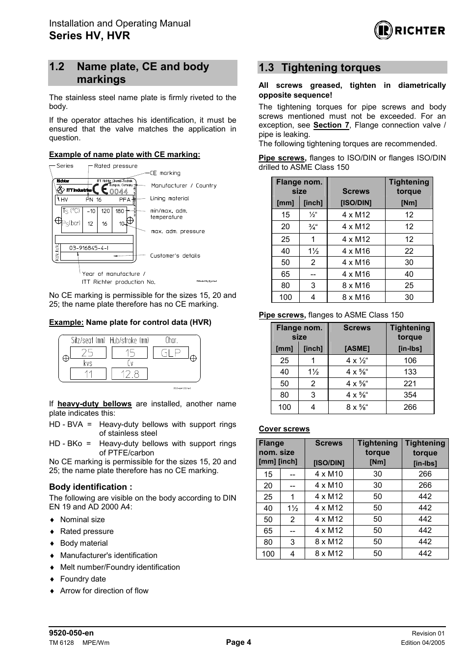 2 name plate, ce and body markings, 3 tightening torques, Name plate, ce and body markings | Tightening torques, Series hv, hvr, Installation and operating manual | Richter HVR Series Bellows-Sealed Valves User Manual | Page 4 / 16