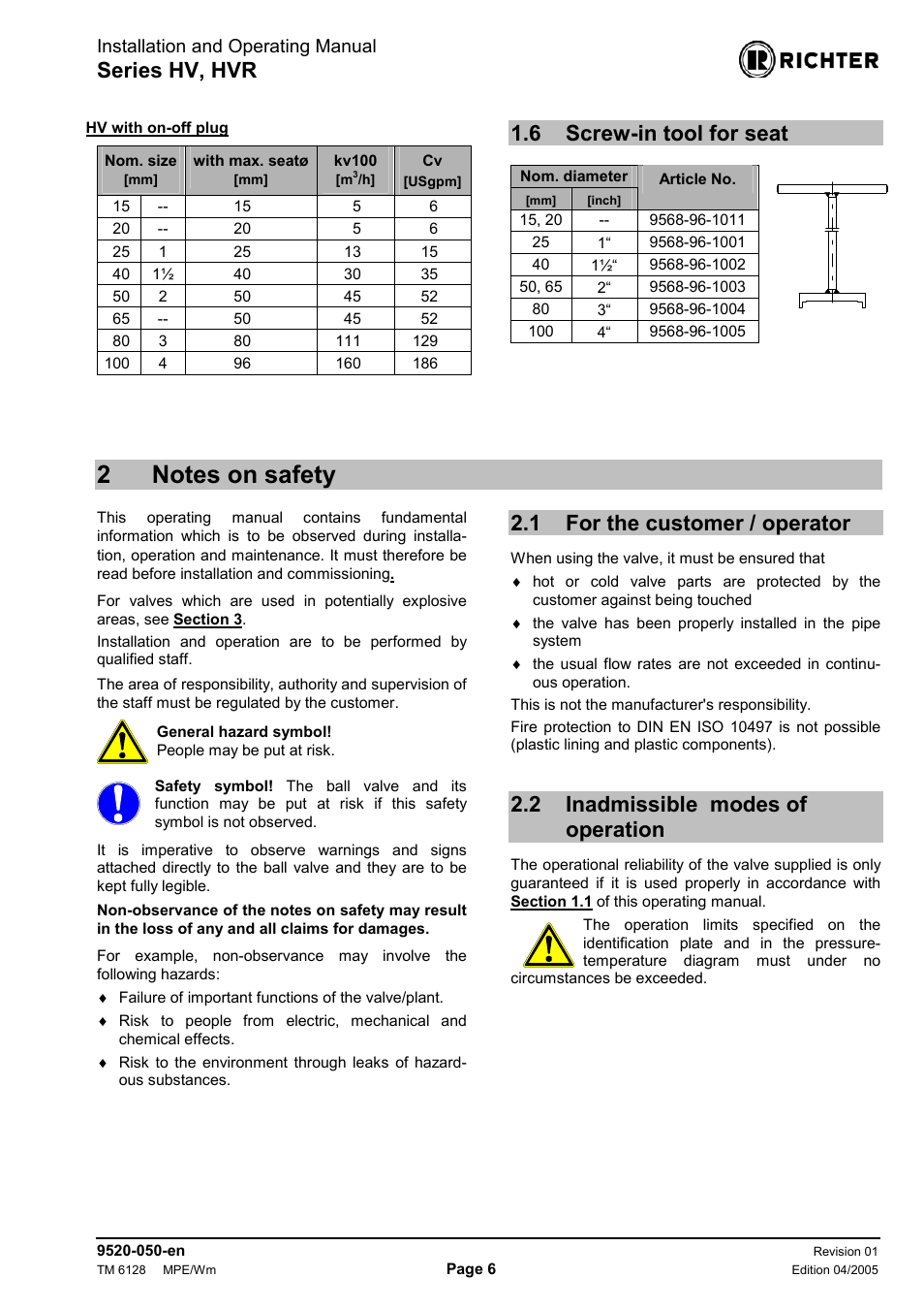 6 screw-in tool for seat, 2 notes on safety, 1 for the customer / operator | 2 inadmissible modes of operation, Screw-in tool for seat, Notes on safety, For the customer / operator, Inadmissible modes of operation, Series hv, hvr, Installation and operating manual | Richter HVR Series Bellows-Sealed Valves User Manual | Page 6 / 16