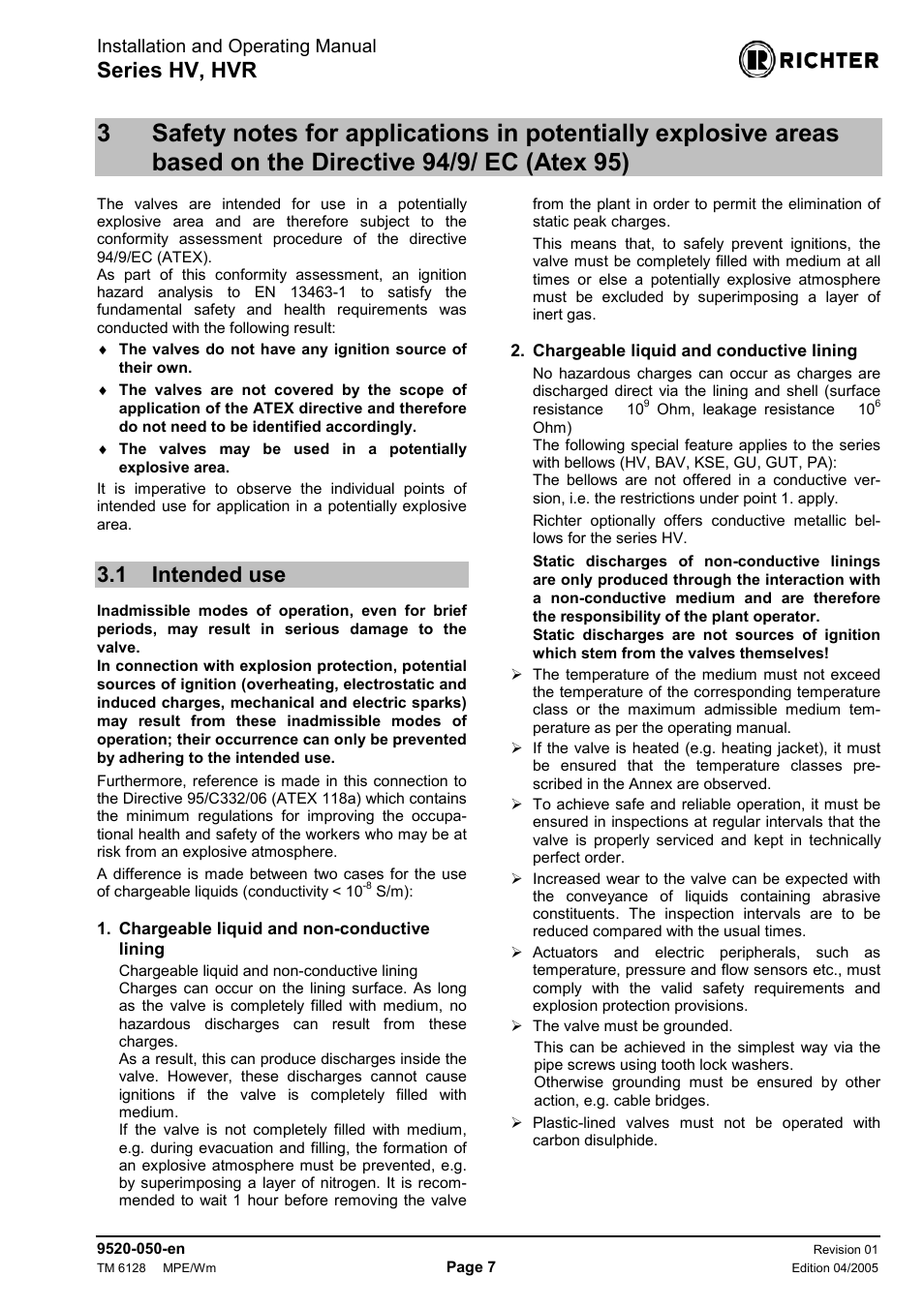 1 intended use, Intended use, Series hv, hvr | Installation and operating manual | Richter HVR Series Bellows-Sealed Valves User Manual | Page 7 / 16