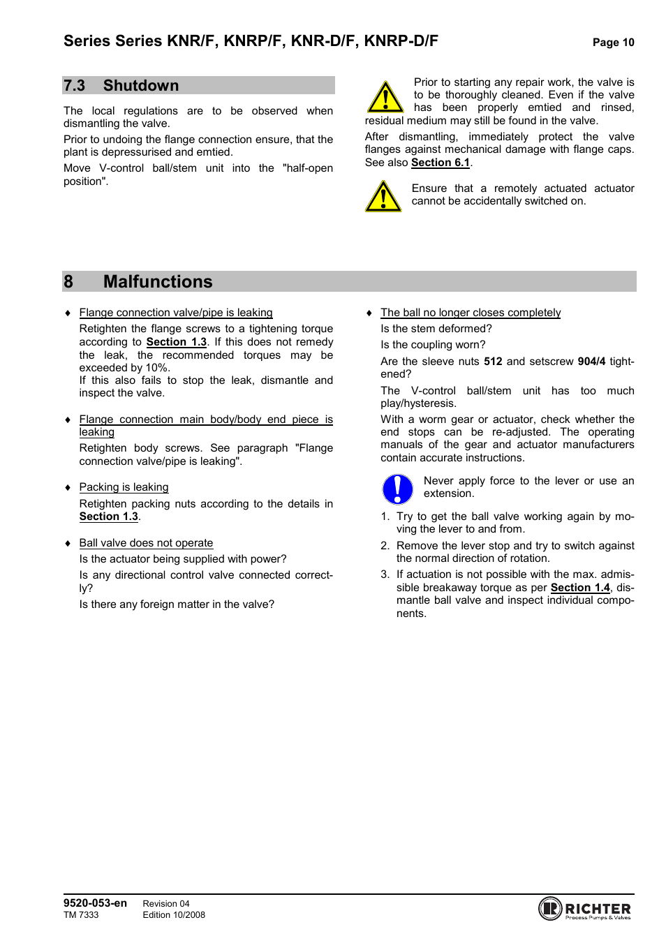 3 shutdown, 8 malfunctions, Shutdown | 8malfunctions, Series series knr/f, knrp/f, knr-d/f, knrp-d/f | Richter KNRP-D/F Series Control Ball Valves User Manual | Page 10 / 21