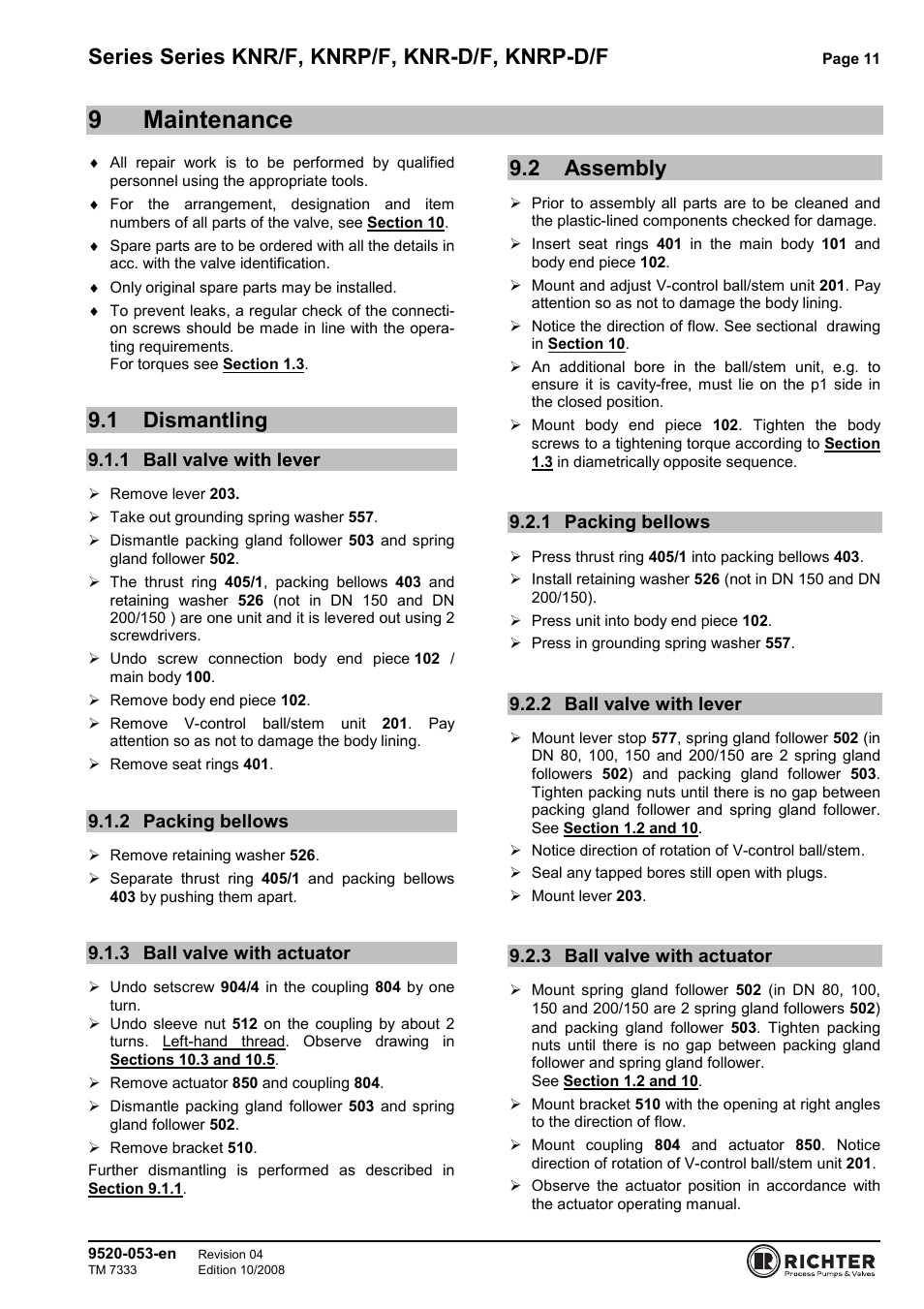 9 maintenance, 1 dismantling, 1 ball valve with lever | 2 packing bellows, 3 ball valve with actuator, 2 assembly, 1 packing bellows, 2 ball valve with lever, Dismantling, Ball valve with lever | Richter KNRP-D/F Series Control Ball Valves User Manual | Page 11 / 21