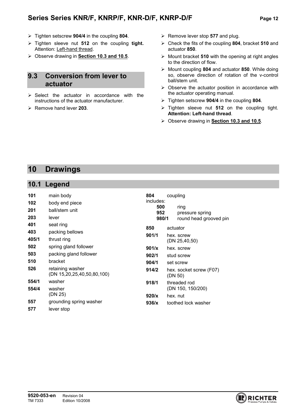 3 conversion from lever to actuator, 10 drawings, 1 legend | Conversion from lever to actuator, Legend, Series series knr/f, knrp/f, knr-d/f, knrp-d/f | Richter KNRP-D/F Series Control Ball Valves User Manual | Page 12 / 21