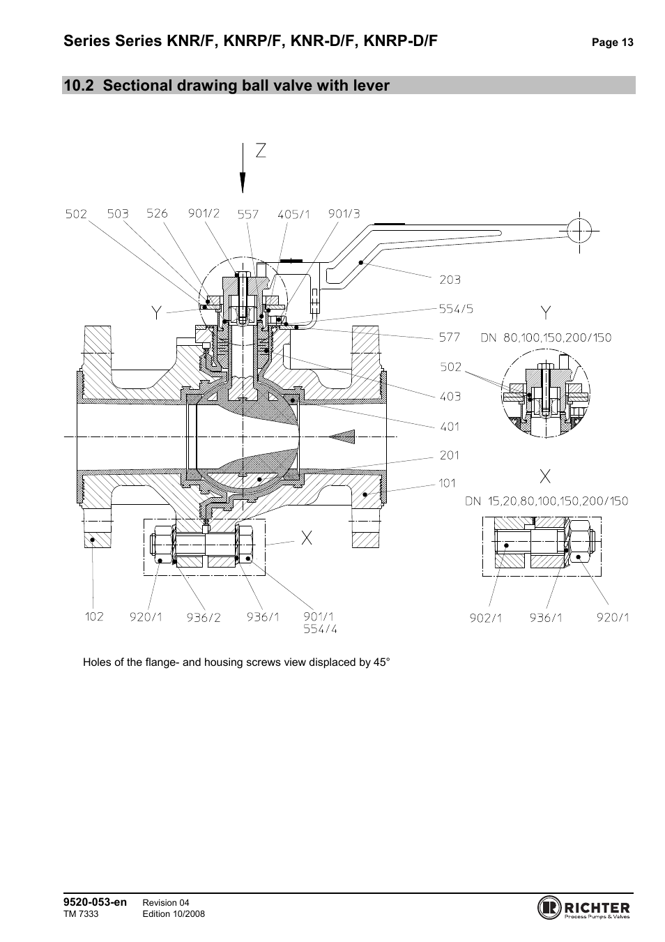 2 sectional drawing ball valve with lever, Sectional drawing ball valve with lever, Series series knr/f, knrp/f, knr-d/f, knrp-d/f | Richter KNRP-D/F Series Control Ball Valves User Manual | Page 13 / 21