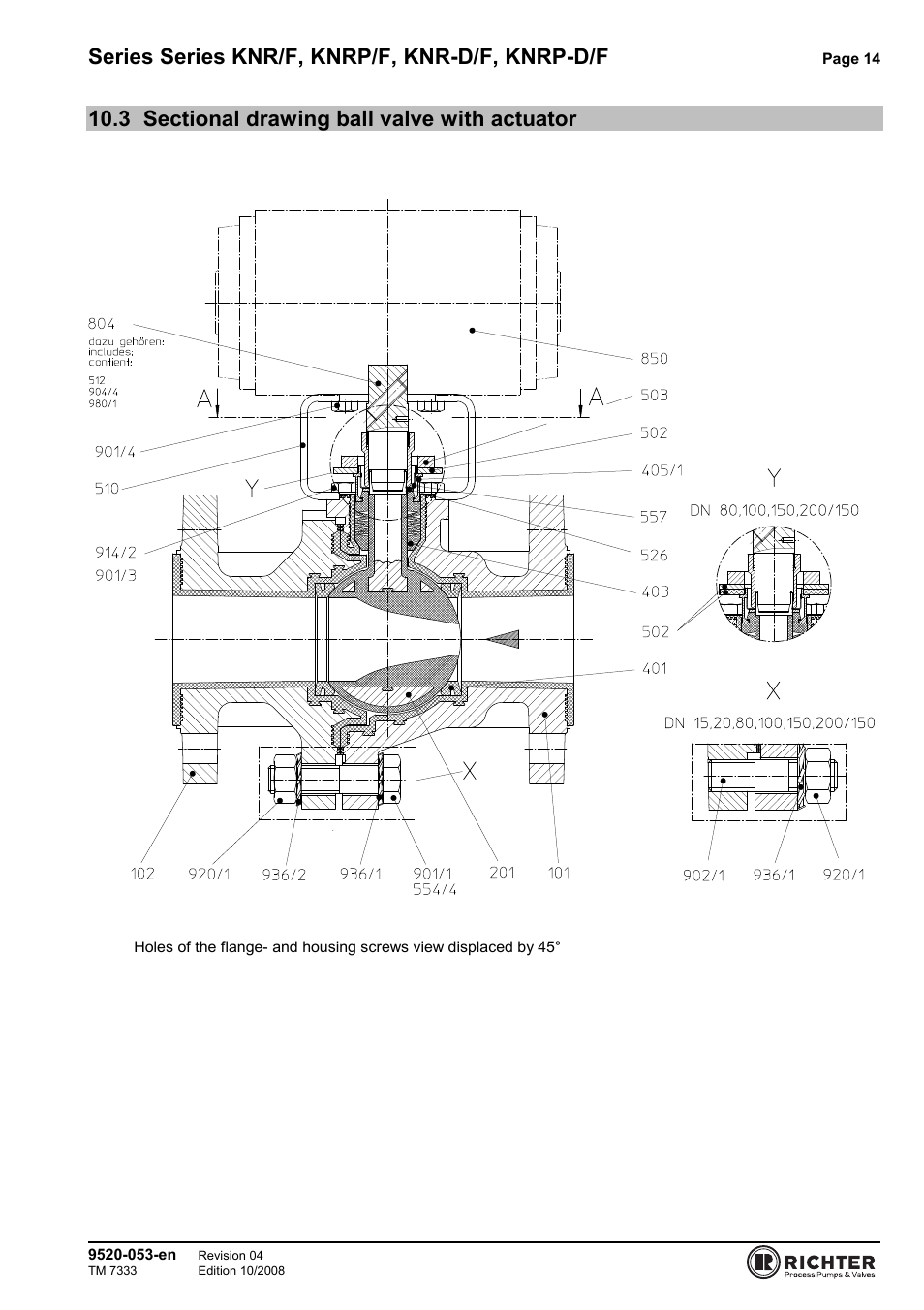 3 sectional drawing ball valve with actuator, Sectional drawing ball valve with actuator .14, Series series knr/f, knrp/f, knr-d/f, knrp-d/f | Richter KNRP-D/F Series Control Ball Valves User Manual | Page 14 / 21