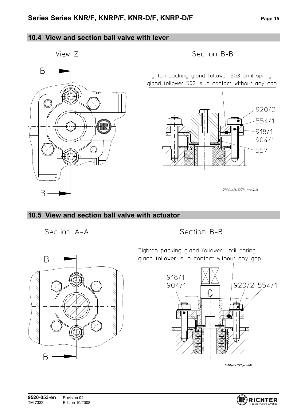 4 view and section ball valve with lever, 5 view and section ball valve with actuator, View and section ball valve with lever | View and section ball valve with actuator, Series series knr/f, knrp/f, knr-d/f, knrp-d/f | Richter KNRP-D/F Series Control Ball Valves User Manual | Page 15 / 21