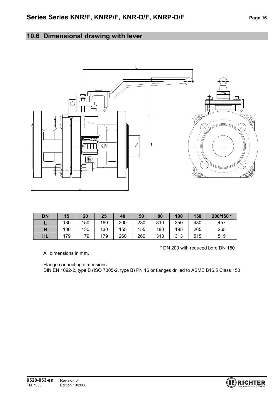 6 dimensional drawing with lever, Dimensional drawing with lever, Series series knr/f, knrp/f, knr-d/f, knrp-d/f | Richter KNRP-D/F Series Control Ball Valves User Manual | Page 16 / 21