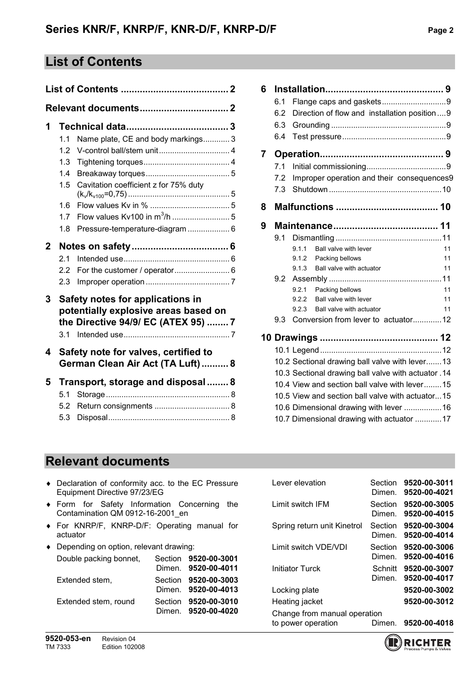 List of contents, Relevant documents, Series knr/f, knrp/f, knr-d/f, knrp-d/f | Richter KNRP-D/F Series Control Ball Valves User Manual | Page 2 / 21