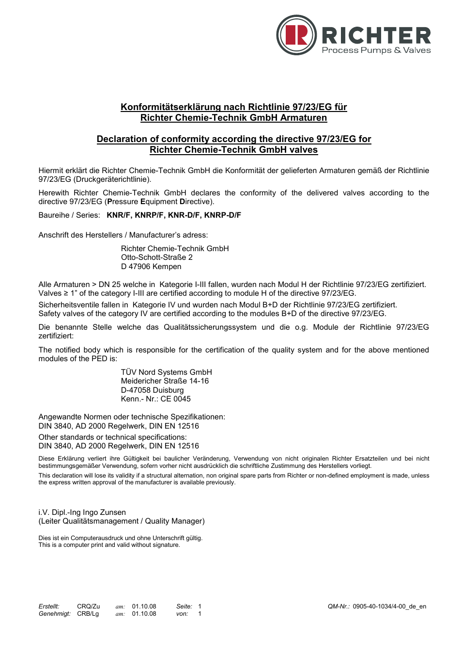 Konformitätserklärung - declaration of conformity | Richter KNRP-D/F Series Control Ball Valves User Manual | Page 21 / 21