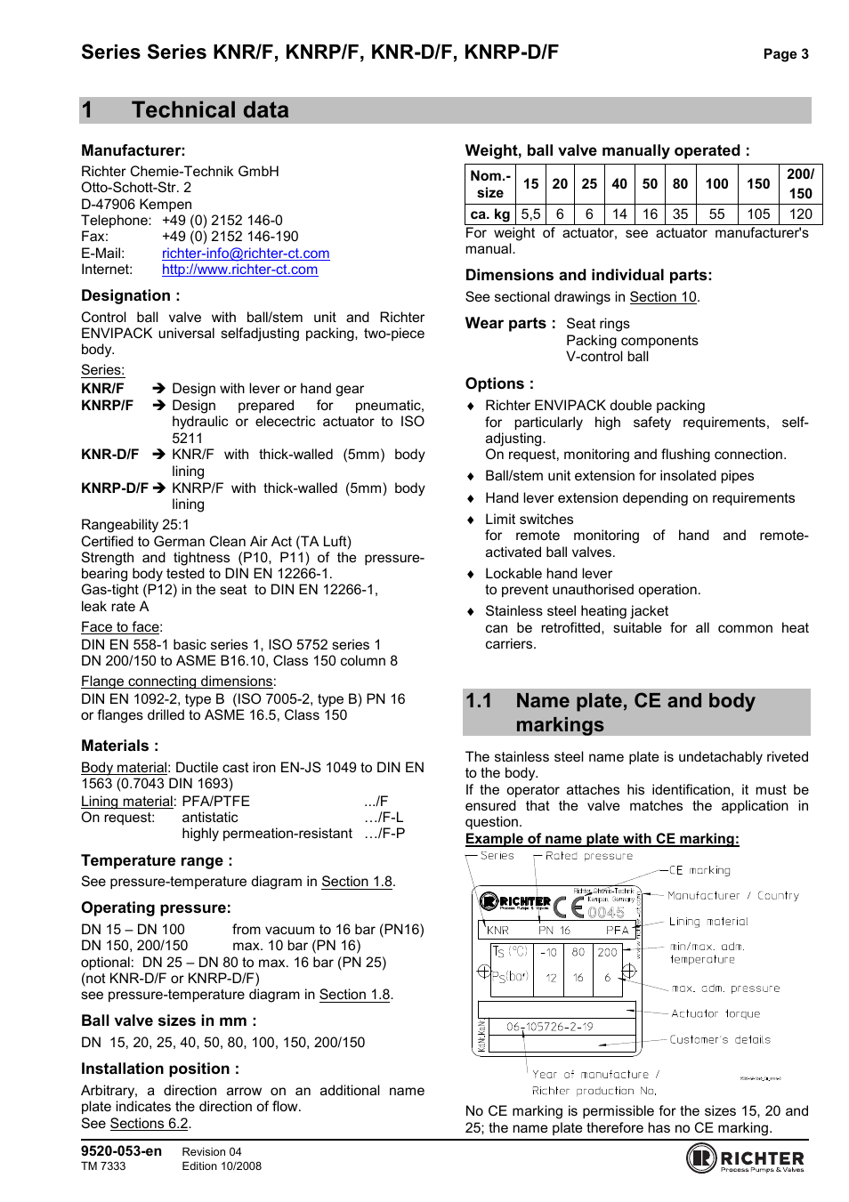 1 technical data, 1 name plate, ce and body markings, Name plate, ce and body markings | 1technical data, Series series knr/f, knrp/f, knr-d/f, knrp-d/f | Richter KNRP-D/F Series Control Ball Valves User Manual | Page 3 / 21