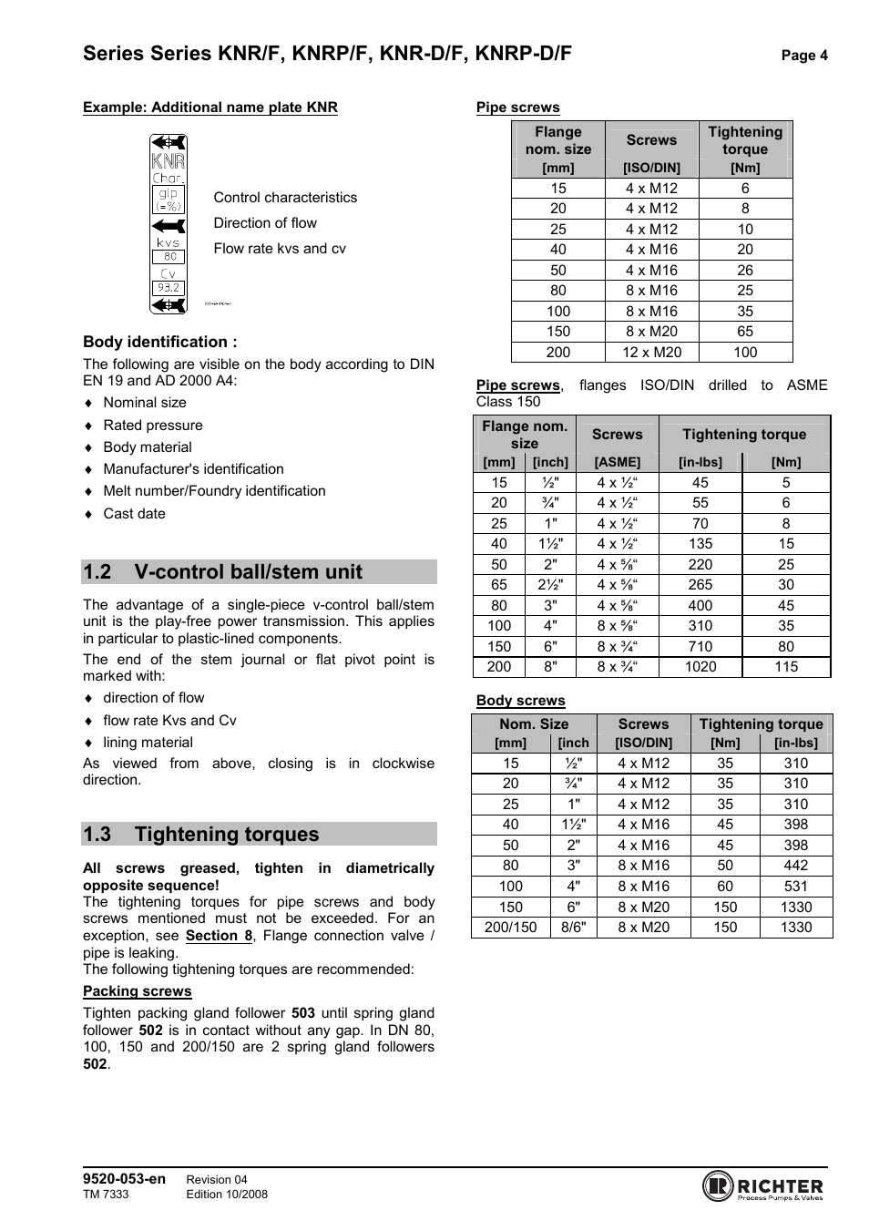 2 v-control ball/stem unit, 3 tightening torques, V-control ball/stem unit | Tightening torques, Series series knr/f, knrp/f, knr-d/f, knrp-d/f | Richter KNRP-D/F Series Control Ball Valves User Manual | Page 4 / 21