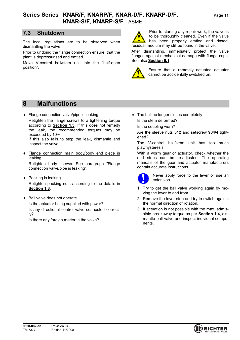 3 shutdown, 8 malfunctions, Shutdown | 8malfunctions, Series series knar/f, knarp/f, knar-d/f, knarp-d/f, Knar-s/f, knarp-s/f | Richter KNARP-S/F Series Control Ball Valves User Manual | Page 11 / 23