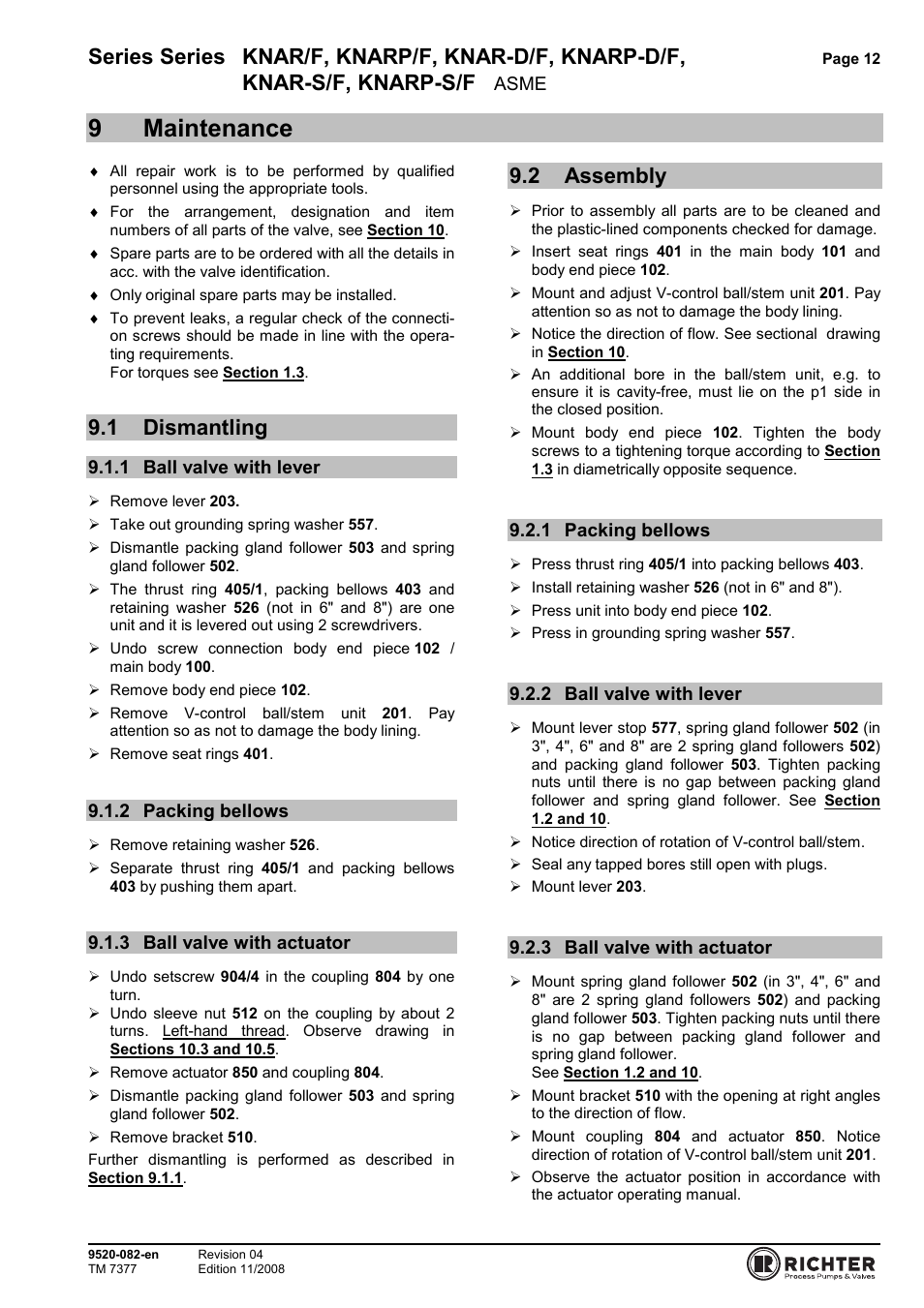 9 maintenance, 1 dismantling, 1 ball valve with lever | 2 packing bellows, 3 ball valve with actuator, 2 assembly, 1 packing bellows, 2 ball valve with lever, Dismantling, Ball valve with lever | Richter KNARP-S/F Series Control Ball Valves User Manual | Page 12 / 23