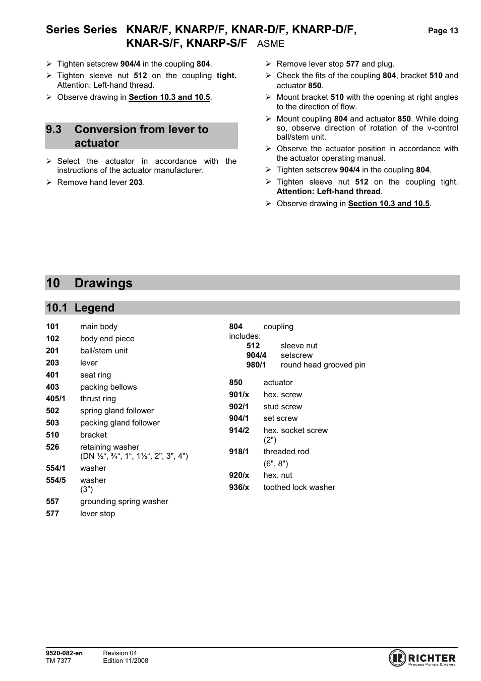 3 conversion from lever to actuator, 10 drawings, 1 legend | Conversion from lever to actuator, Legend, Series series knar/f, knarp/f, knar-d/f, knarp-d/f, Knar-s/f, knarp-s/f, Asme | Richter KNARP-S/F Series Control Ball Valves User Manual | Page 13 / 23