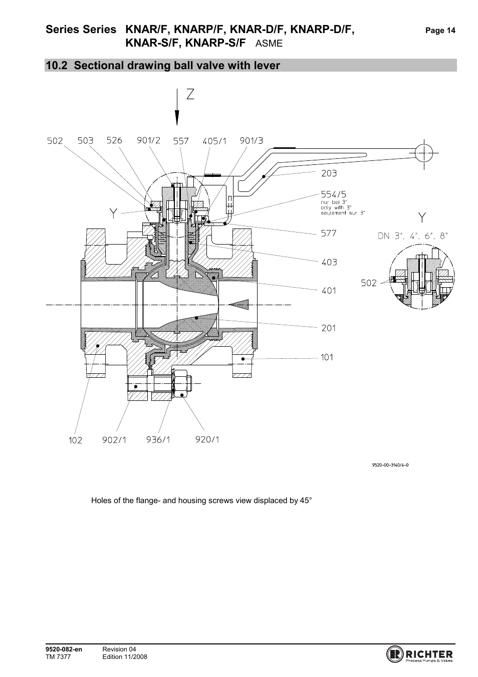 2 sectional drawing ball valve with lever, Sectional drawing ball valve with lever, Series series knar/f, knarp/f, knar-d/f, knarp-d/f | Knar-s/f, knarp-s/f | Richter KNARP-S/F Series Control Ball Valves User Manual | Page 14 / 23