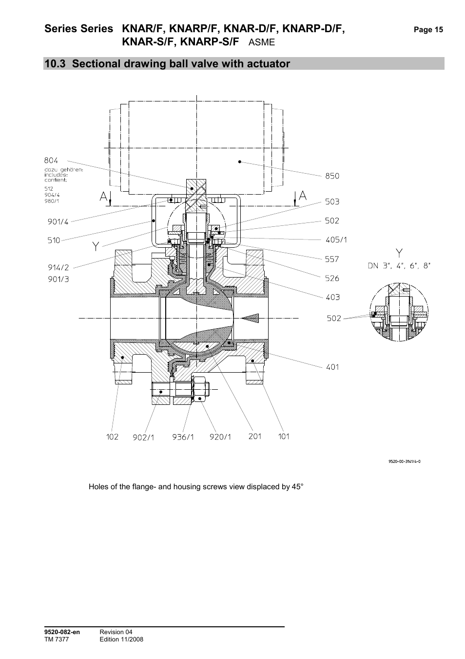 3 sectional drawing ball valve with actuator, Sectional drawing ball valve with actuator .15, Series series knar/f, knarp/f, knar-d/f, knarp-d/f | Knar-s/f, knarp-s/f | Richter KNARP-S/F Series Control Ball Valves User Manual | Page 15 / 23