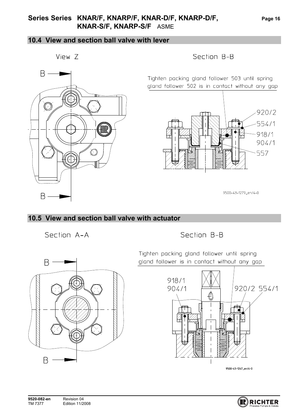 4 view and section ball valve with lever, 5 view and section ball valve with actuator, View and section ball valve with lever | View and section ball valve with actuator, Series series knar/f, knarp/f, knar-d/f, knarp-d/f, Knar-s/f, knarp-s/f | Richter KNARP-S/F Series Control Ball Valves User Manual | Page 16 / 23