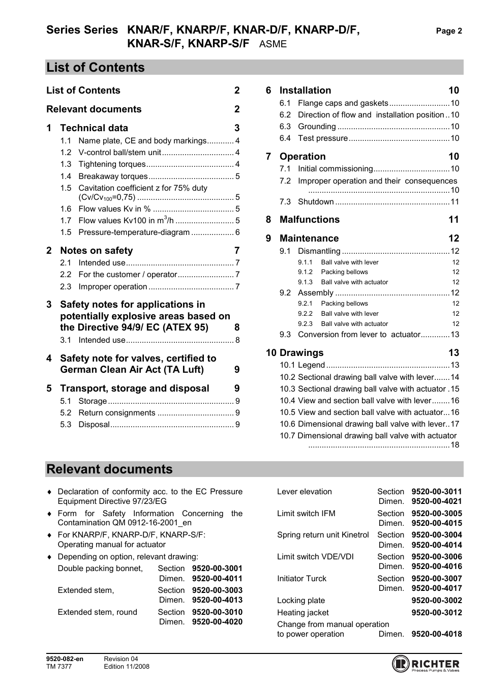 List of contents, Relevant documents, Series series knar/f, knarp/f, knar-d/f, knarp-d/f | Knar-s/f, knarp-s/f | Richter KNARP-S/F Series Control Ball Valves User Manual | Page 2 / 23