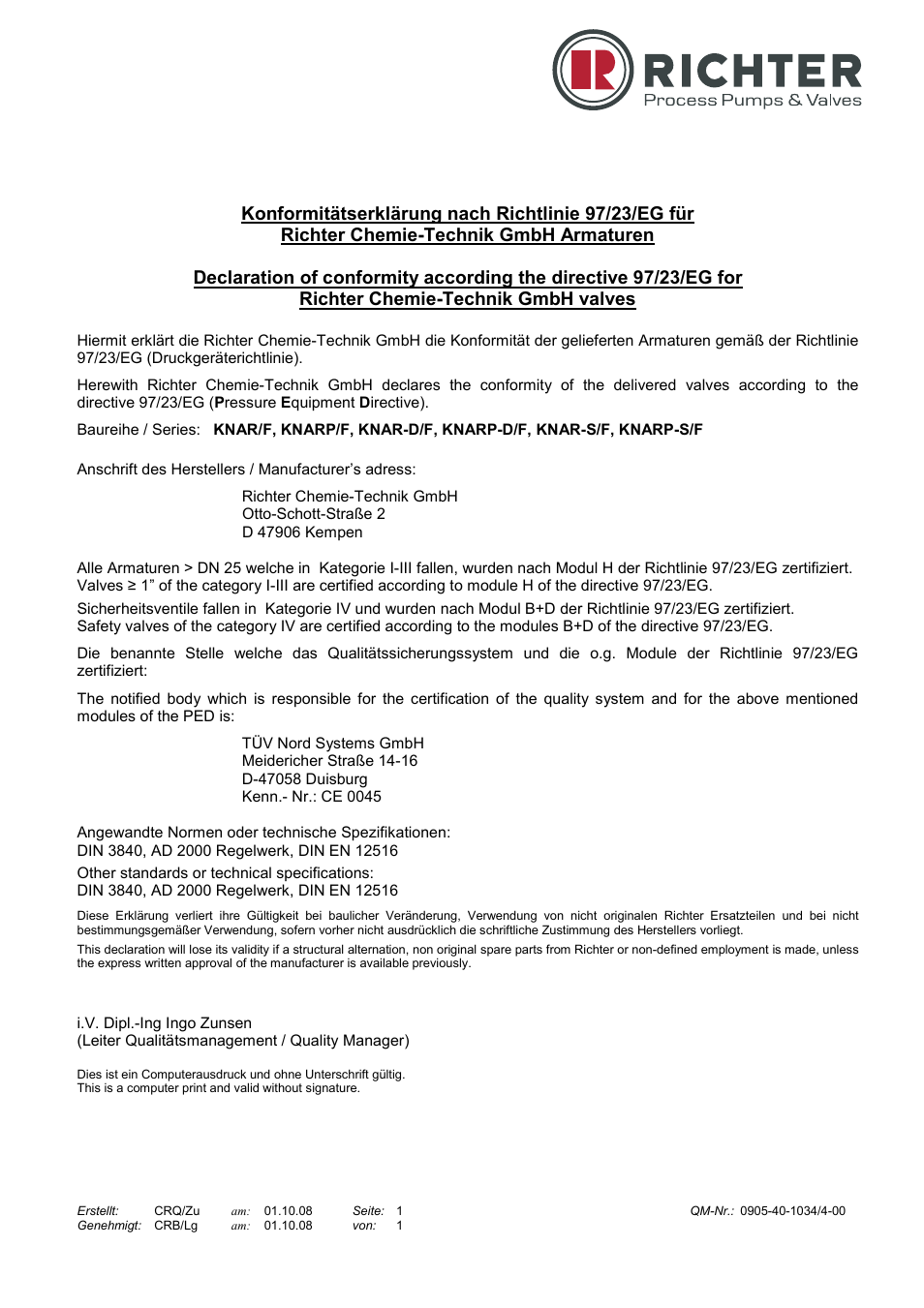 Declaration of conformity | Richter KNARP-S/F Series Control Ball Valves User Manual | Page 20 / 23