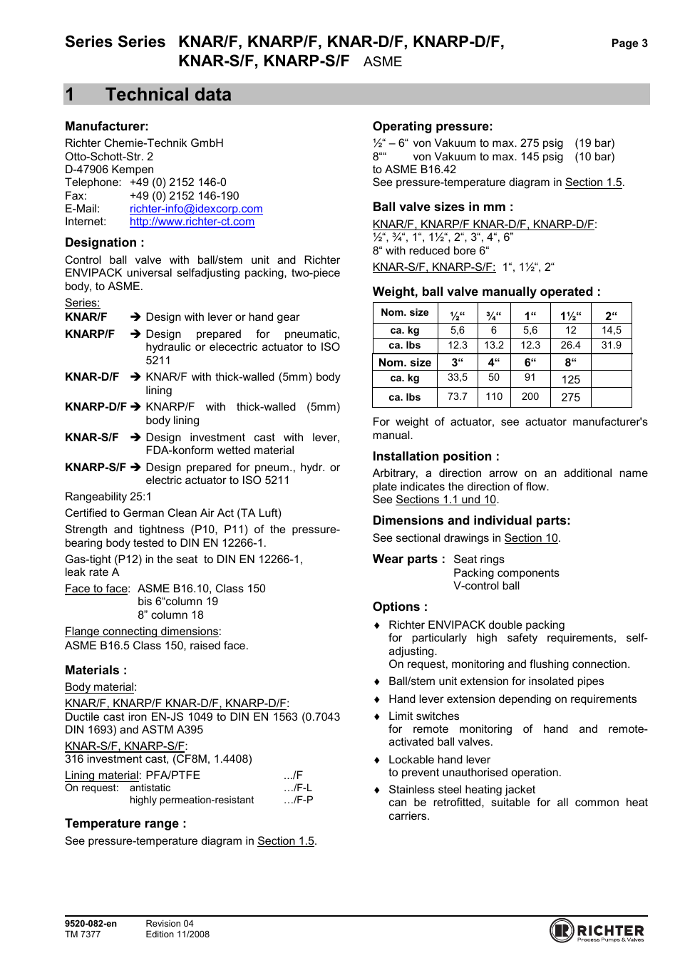 1 technical data, 1technical data, Series series knar/f, knarp/f, knar-d/f, knarp-d/f | Knar-s/f, knarp-s/f, Asme | Richter KNARP-S/F Series Control Ball Valves User Manual | Page 3 / 23