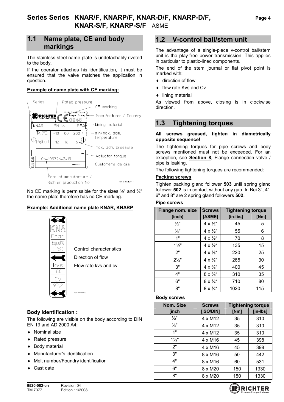 1 name plate, ce and body markings, 2 v-control ball/stem unit, 3 tightening torques | Name plate, ce and body markings, V-control ball/stem unit, Tightening torques, Series series knar/f, knarp/f, knar-d/f, knarp-d/f, Knar-s/f, knarp-s/f, Asme | Richter KNARP-S/F Series Control Ball Valves User Manual | Page 4 / 23