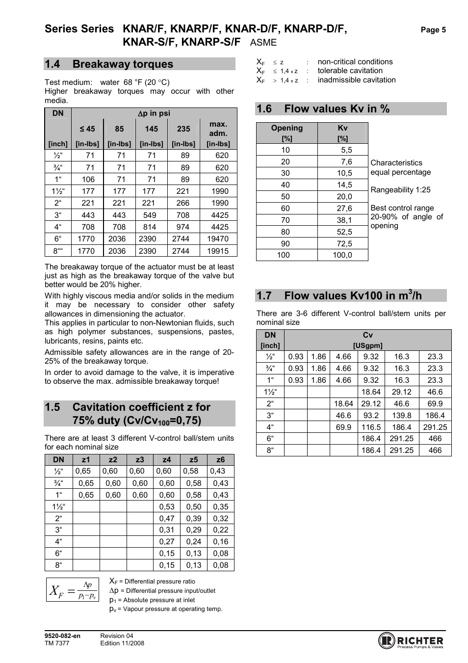 4 breakaway torques, 6 flow values kv in, 7 flow values kv100 in m3/h | Breakaway torques, Cv/cv, Flow values kv in, Flow values kv100 in m, Series series knar/f, knarp/f, knar-d/f, knarp-d/f, Knar-s/f, knarp-s/f, 5 cavitation coefficient z for 75% duty (cv/cv | Richter KNARP-S/F Series Control Ball Valves User Manual | Page 5 / 23