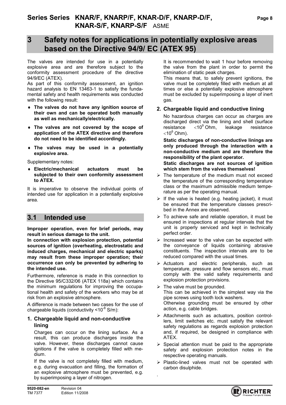 1 intended use, The directive 94/9/ ec (atex 95), Intended use | Series series knar/f, knarp/f, knar-d/f, knarp-d/f, Knar-s/f, knarp-s/f | Richter KNARP-S/F Series Control Ball Valves User Manual | Page 8 / 23