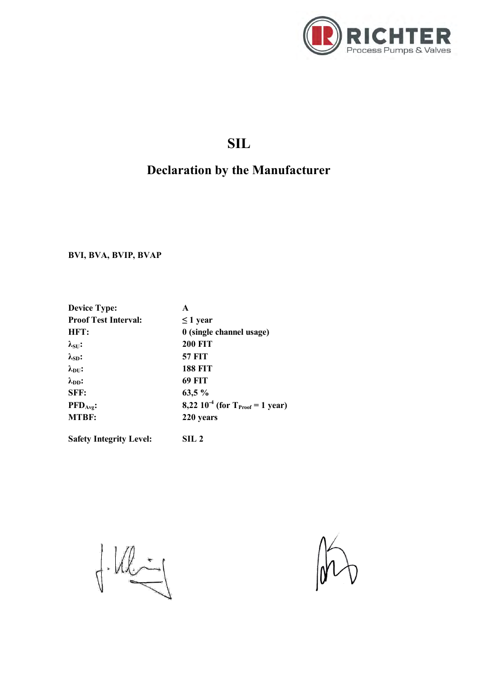 Manufacturer’s declaration sil, Declaration by the manufacturer | Richter BVIP/F Series Ball Valves (ISO/DIN) User Manual | Page 22 / 25