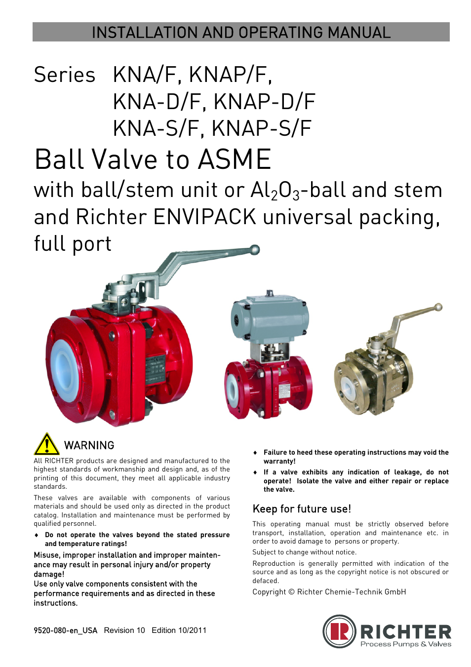 Richter KNAP-S/F Series Ball Valves (ASME) User Manual | 28 pages