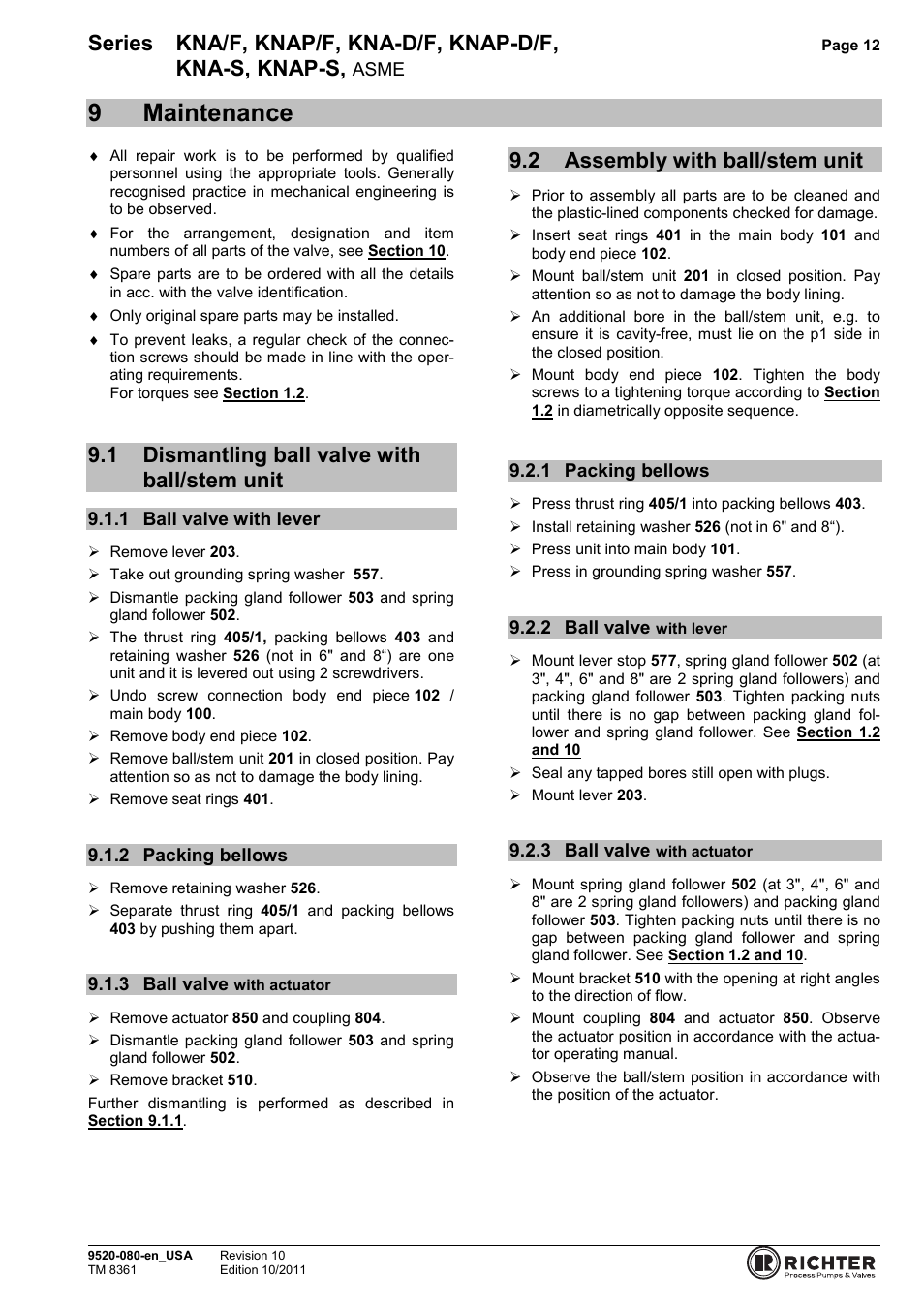 9 maintenance, 1 dismantling ball valve with ball/stem unit, 1 ball valve with lever | 2 packing bellows, 3 ball valve with actuator, 2 assembly with ball/stem unit, 1 packing bellows, 2 ball valve with lever, Dismantling ball valve with ball/stem unit, Ball valve with lever | Richter KNAP-S/F Series Ball Valves (ASME) User Manual | Page 12 / 28