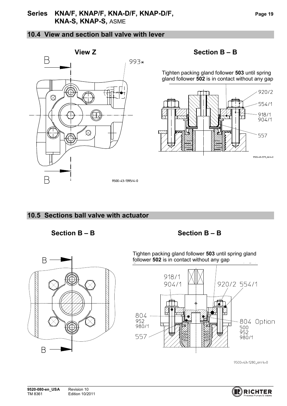 4 view and section ball valve with lever, 5 sections ball valve with actuator, View and section ball valve with lever | Sections ball valve with actuator, Series kna/f, knap/f, kna-d/f, knap-d/f, Kna-s, knap-s, View z | Richter KNAP-S/F Series Ball Valves (ASME) User Manual | Page 19 / 28