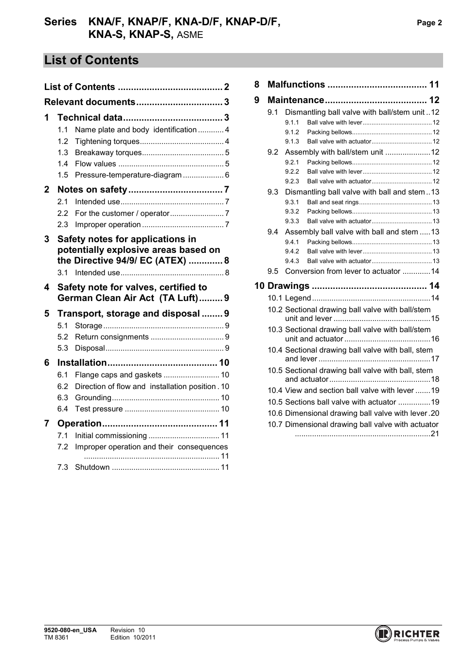 List of contents, Series kna/f, knap/f, kna-d/f, knap-d/f, Kna-s, knap-s | Richter KNAP-S/F Series Ball Valves (ASME) User Manual | Page 2 / 28