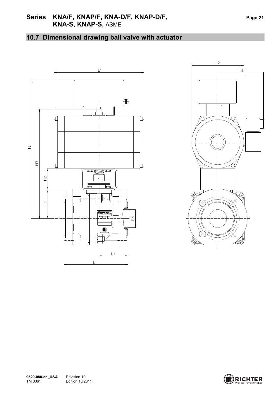 7 dimensional drawing ball valve with actuator, Series kna/f, knap/f, kna-d/f, knap-d/f, Kna-s, knap-s | Richter KNAP-S/F Series Ball Valves (ASME) User Manual | Page 21 / 28