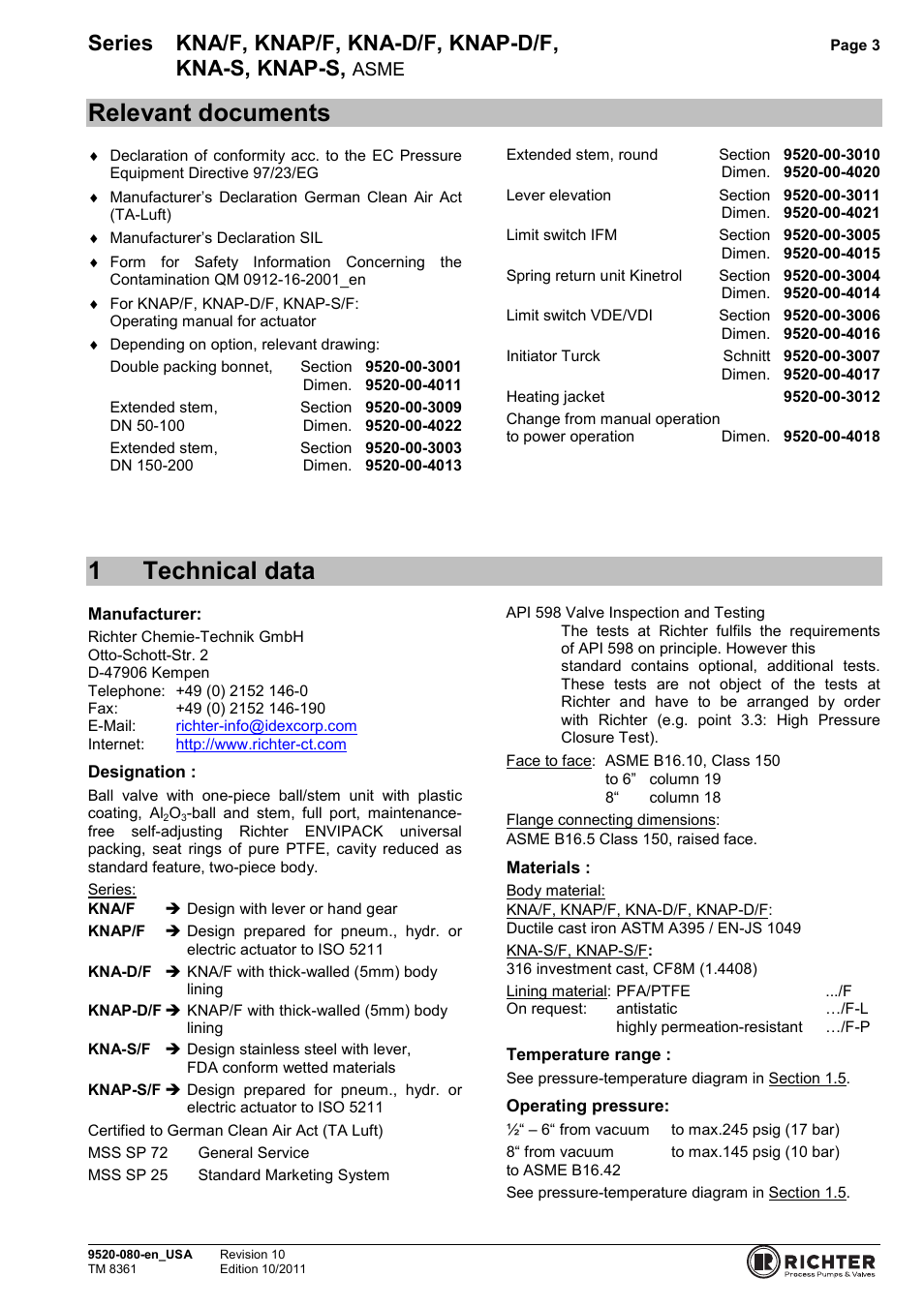 Relevant documents, 1 technical data, 1technical data | Series kna/f, knap/f, kna-d/f, knap-d/f, Kna-s, knap-s, Asme | Richter KNAP-S/F Series Ball Valves (ASME) User Manual | Page 3 / 28