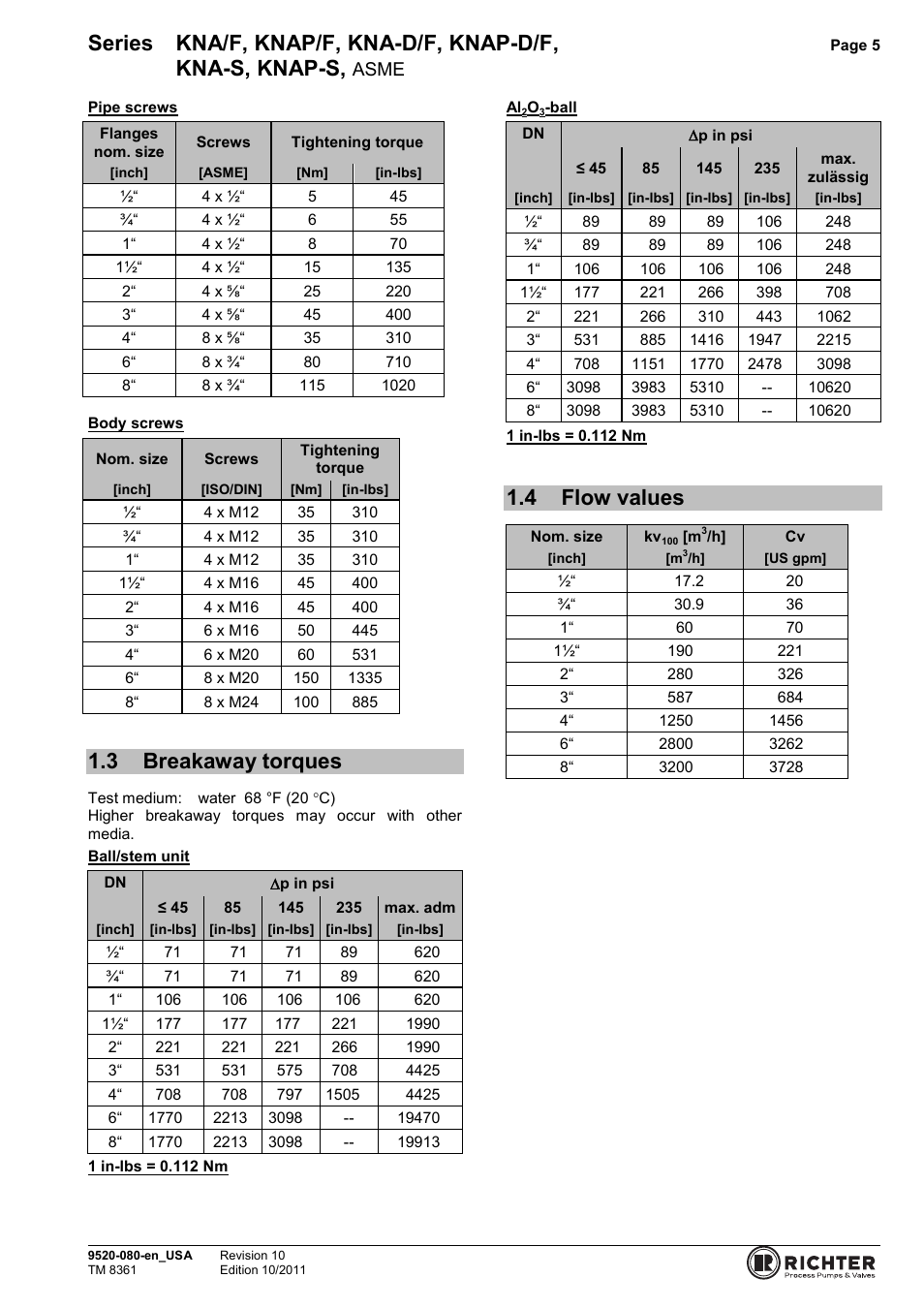 3 breakaway torques, 4 flow values, Breakaway torques | Flow values, Series kna/f, knap/f, kna-d/f, knap-d/f, Kna-s, knap-s, Asme | Richter KNAP-S/F Series Ball Valves (ASME) User Manual | Page 5 / 28