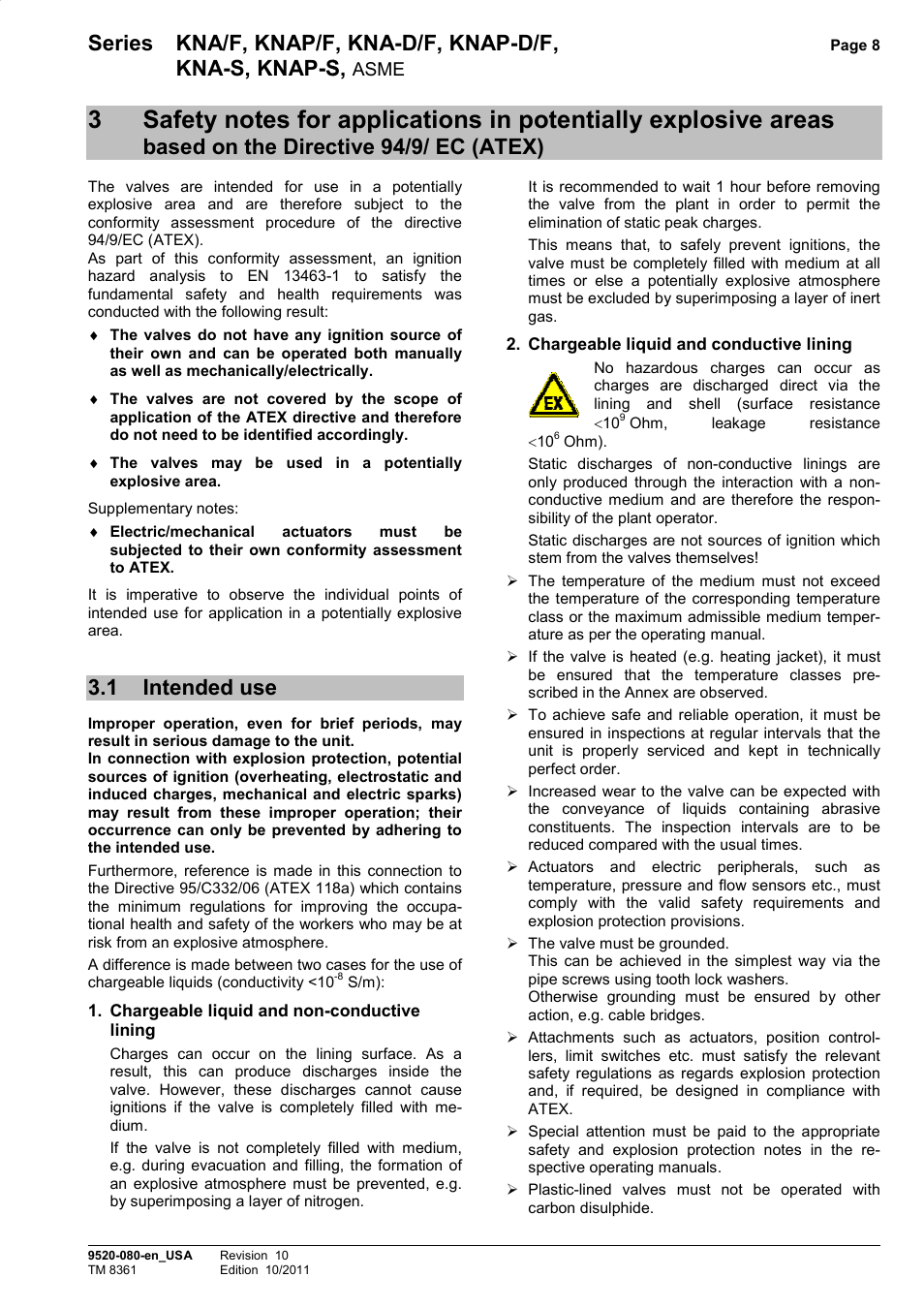 1 intended use, The directive 94/9/ ec (atex), Intended use | Applications in potentially explosive areas, Xplosive areas, Series kna/f, knap/f, kna-s, knap-s, Based on the directive 94/9/ ec (a, Kna-d/f, knap-d/f, s, Ctive 94/9/ ec (atex) | Richter KNAP-S/F Series Ball Valves (ASME) User Manual | Page 8 / 28