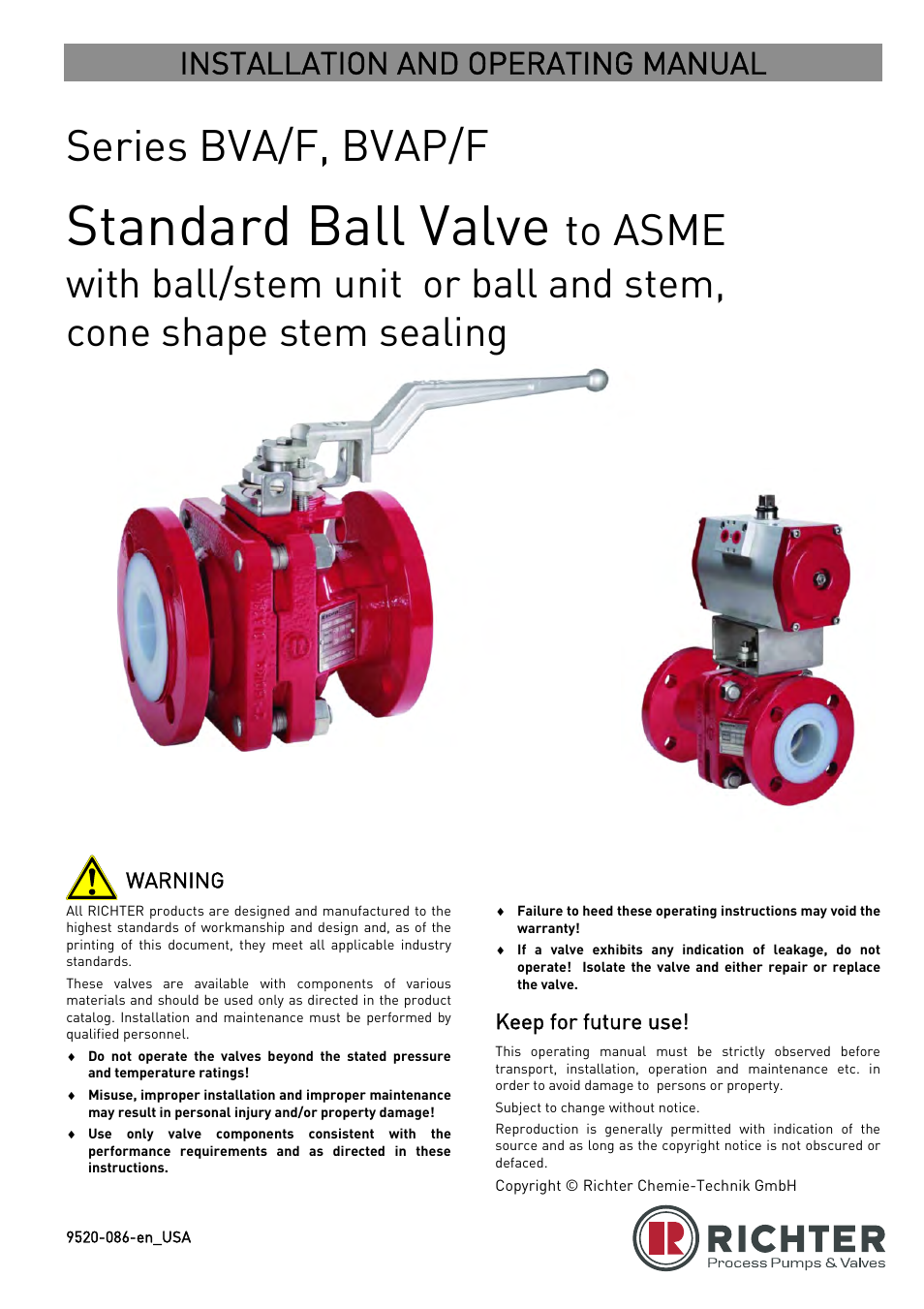 Richter BVAP/F Series Ball Valves (ASME) User Manual | 28 pages