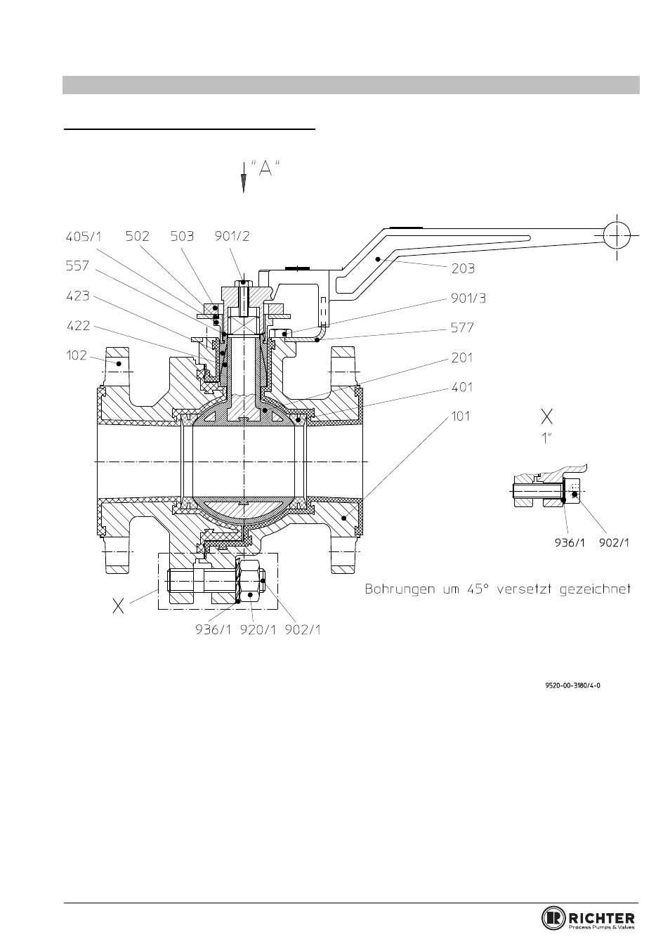 3 sectional drawing bva/f 1“ to 2“ with lever, View and section bvap/f, Series bva/f, bvap/f | Richter BVAP/F Series Ball Valves (ASME) User Manual | Page 15 / 28